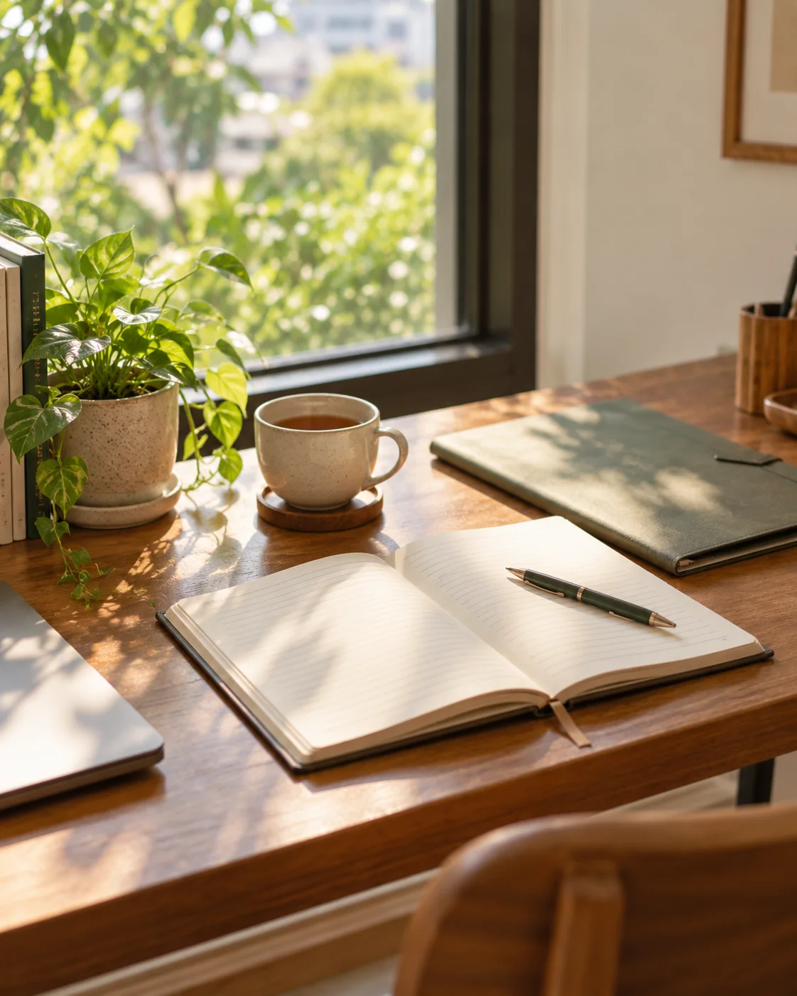 An open notebook and pen beside a cup of tea and a plant by a sunny window