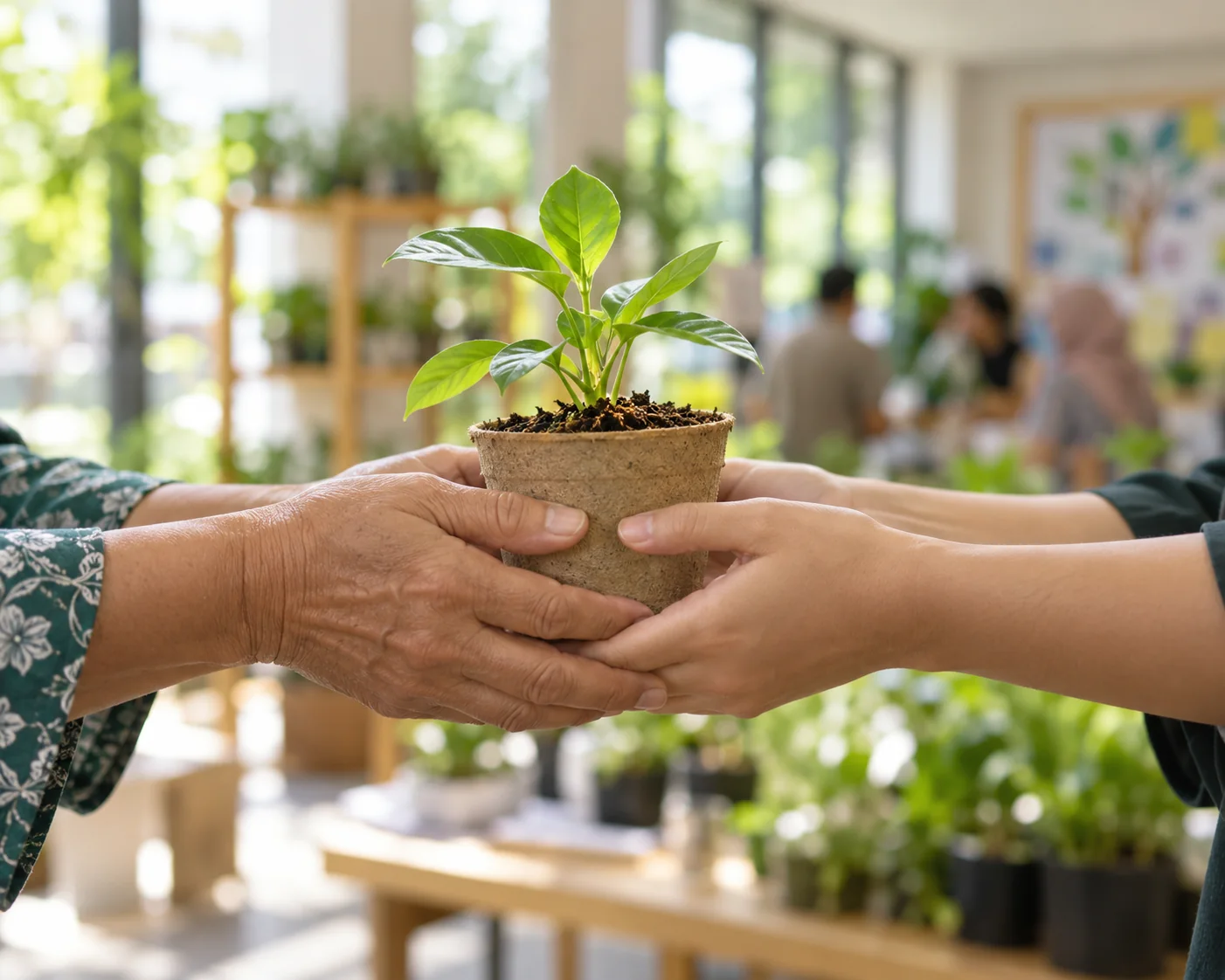 Two pairs of hands passing a seedling in a bright community centre