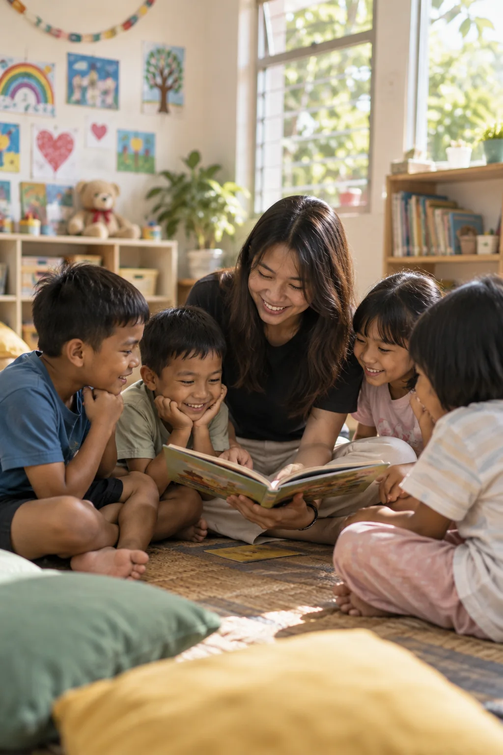 A volunteer reading a story to children at a children's home