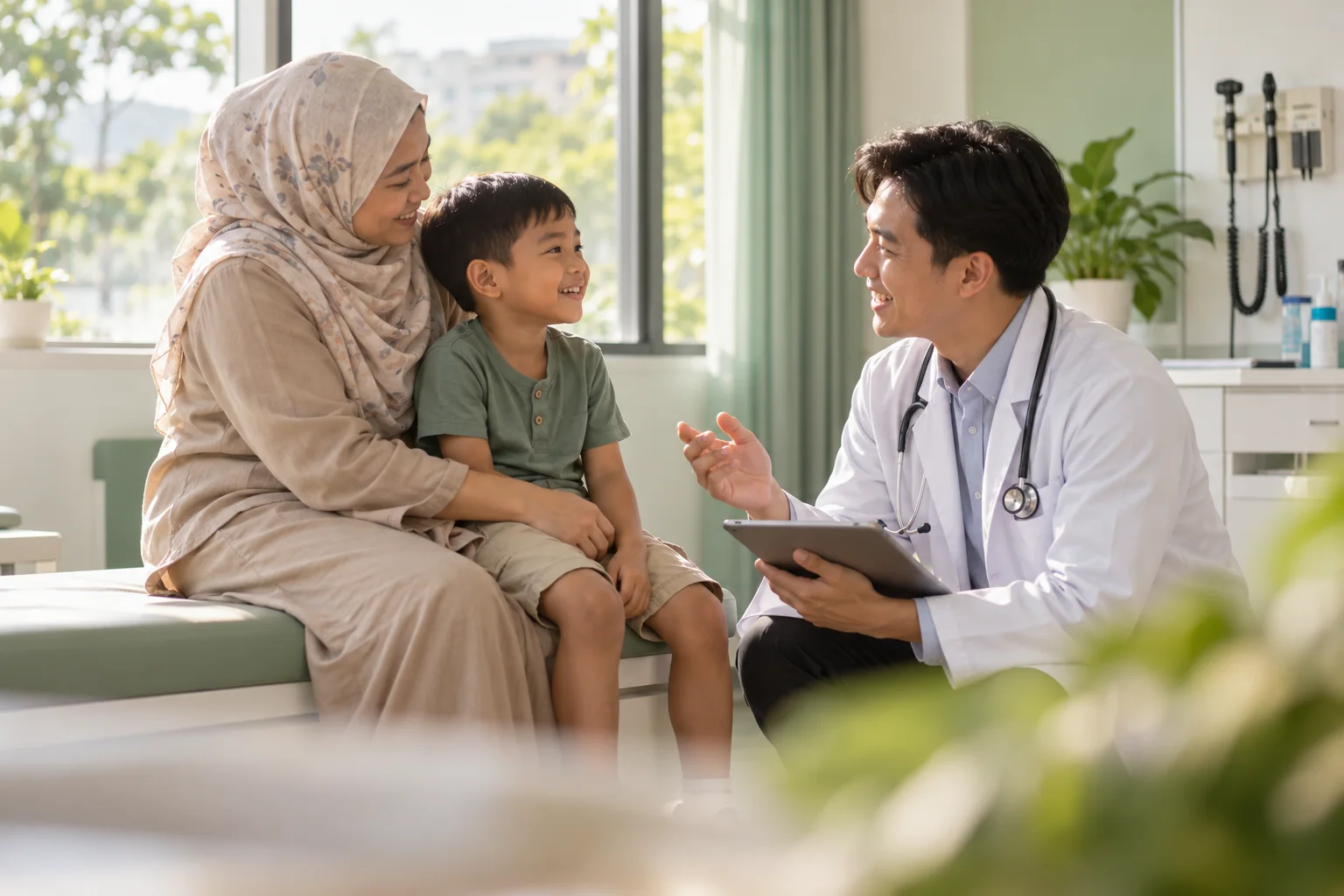 A doctor speaking with a young patient and his mother