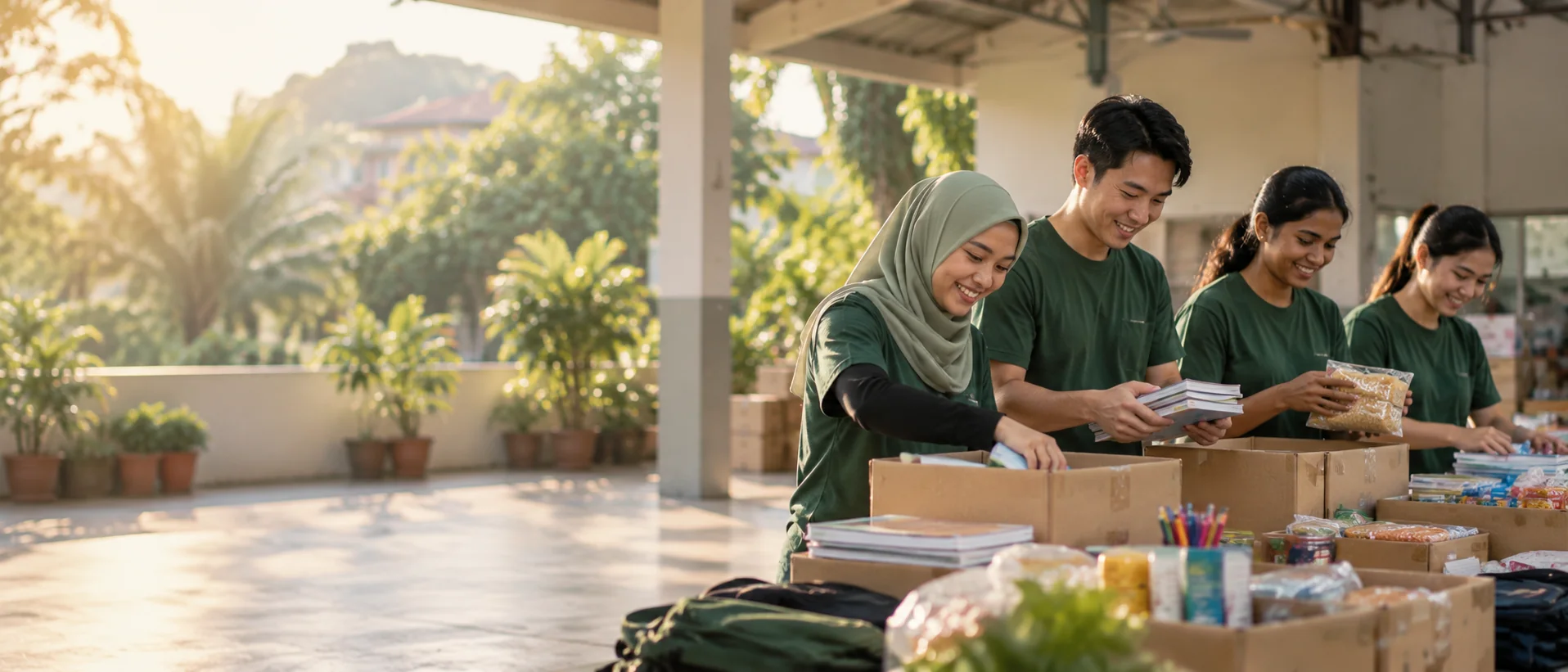 Volunteers in green T-shirts packing school supplies and food into boxes at a community hall
