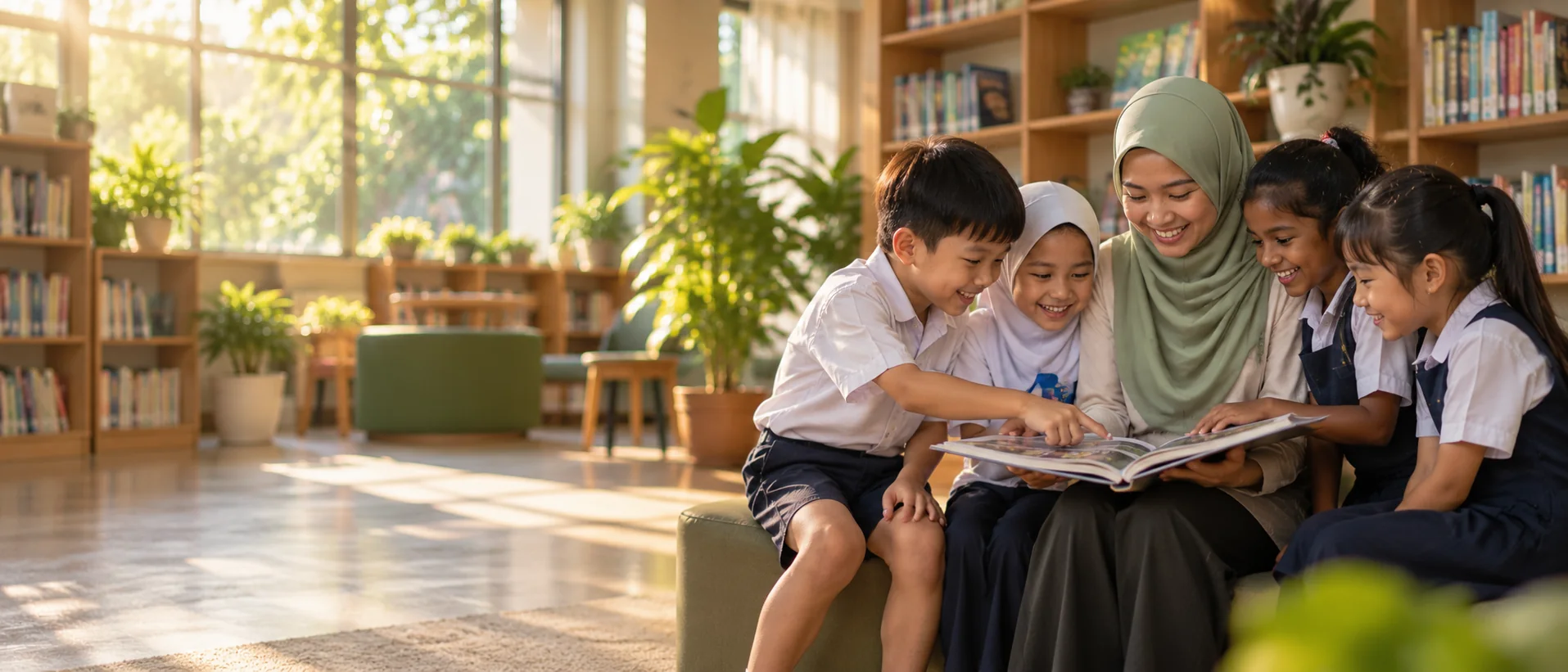 A volunteer sharing a photo album with schoolchildren in a sunny library