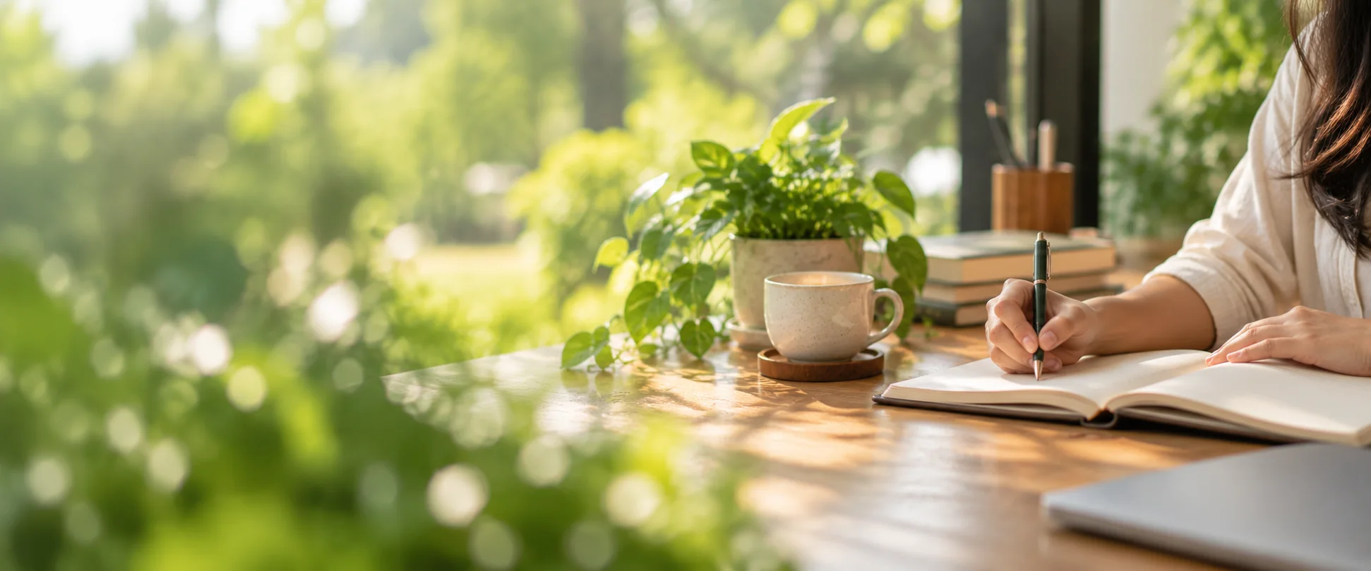 A person writing in a notebook beside a cup of tea and a plant, by a sunlit window