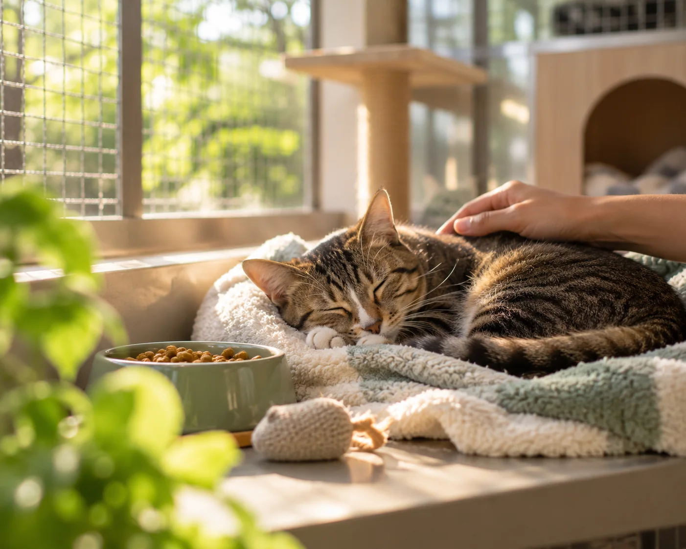 A rescued tabby cat asleep on a soft blanket at a shelter