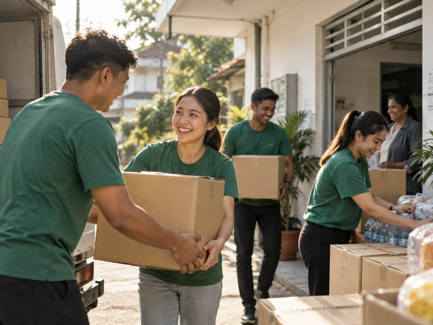 Volunteers in green shirts unloading boxes of supplies at a community centre