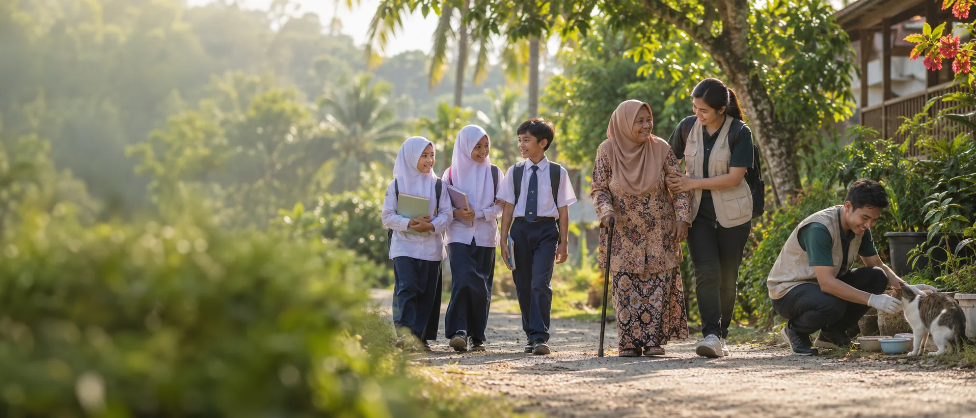 Schoolchildren, an elderly woman with a volunteer, and a volunteer feeding a cat along a village path