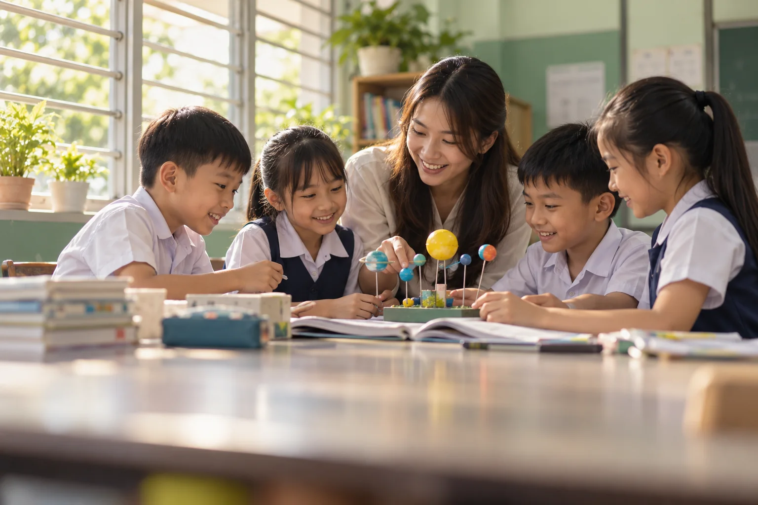 Children learning together with their teacher