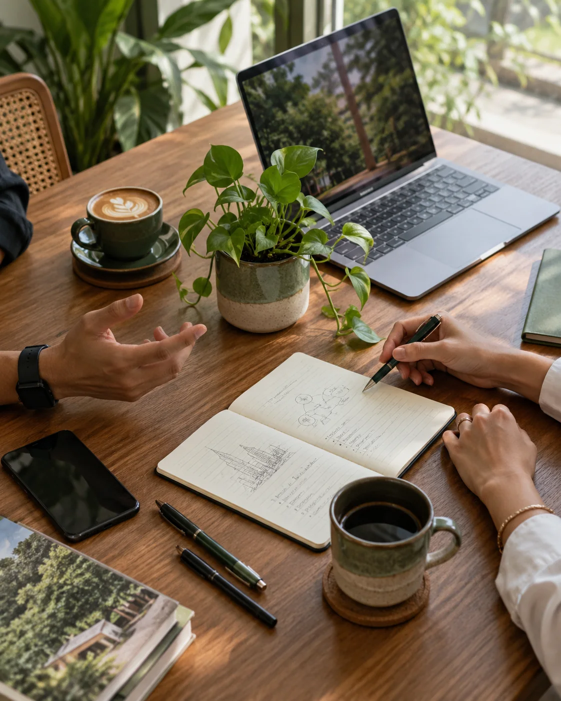 A laptop, notebook, coffee and plant on a shared wooden meeting table, with two people’s hands in conversation