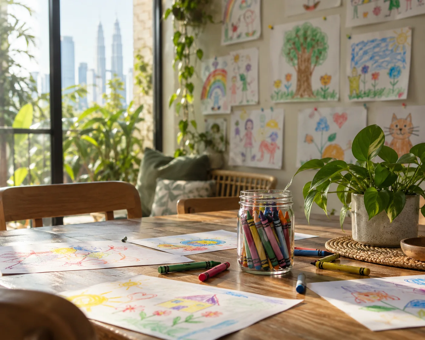 A shared table with crayons and children’s drawings on the wall
