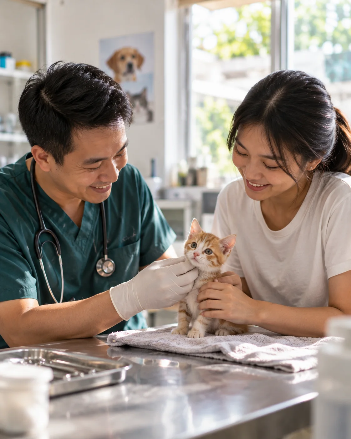 A vet and a volunteer gently examining a rescued kitten