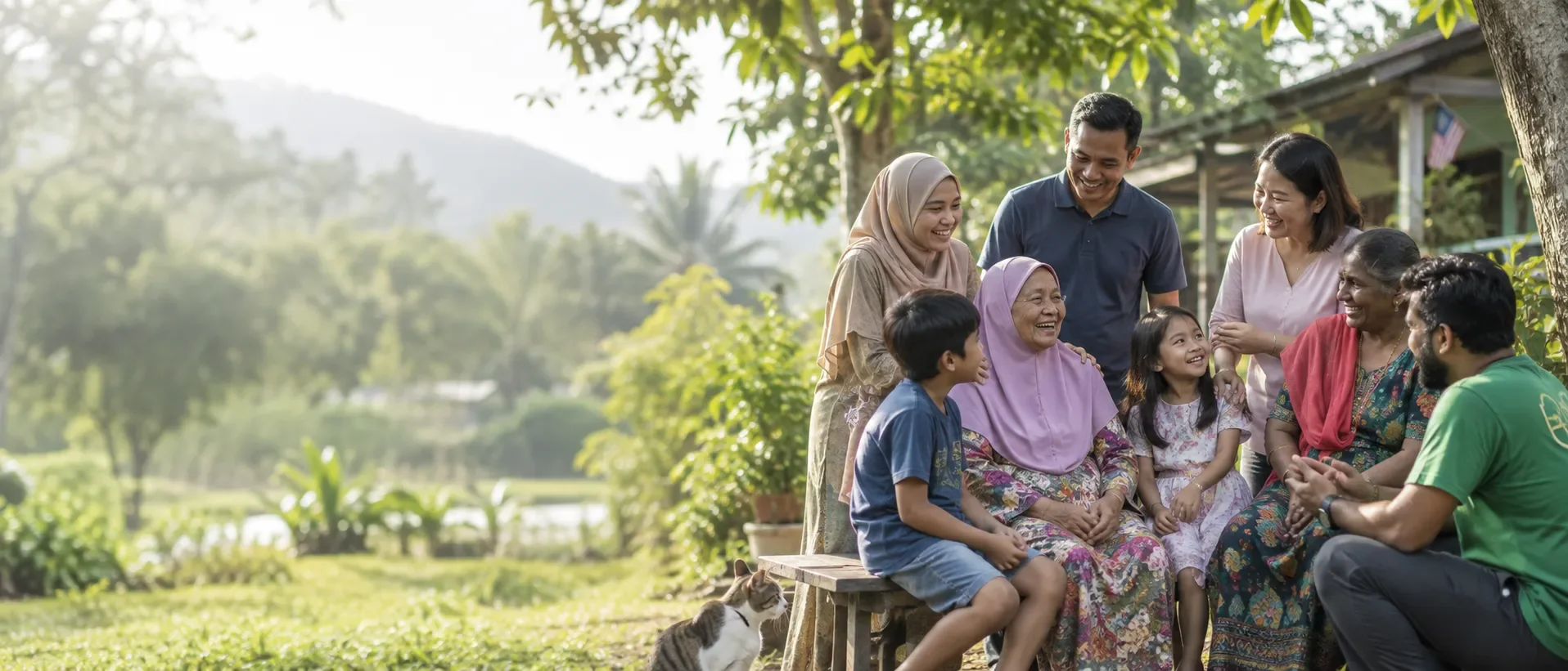 A multi-generational group of Malaysian neighbours and a volunteer gathered outdoors, smiling together