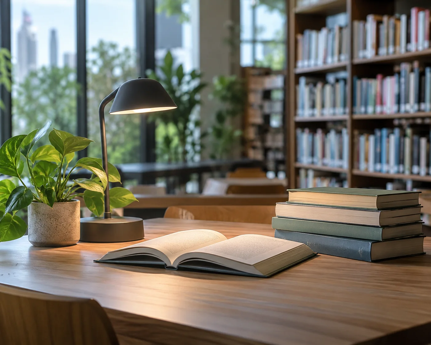 A library reading table with stacked books, an open book and a lamp