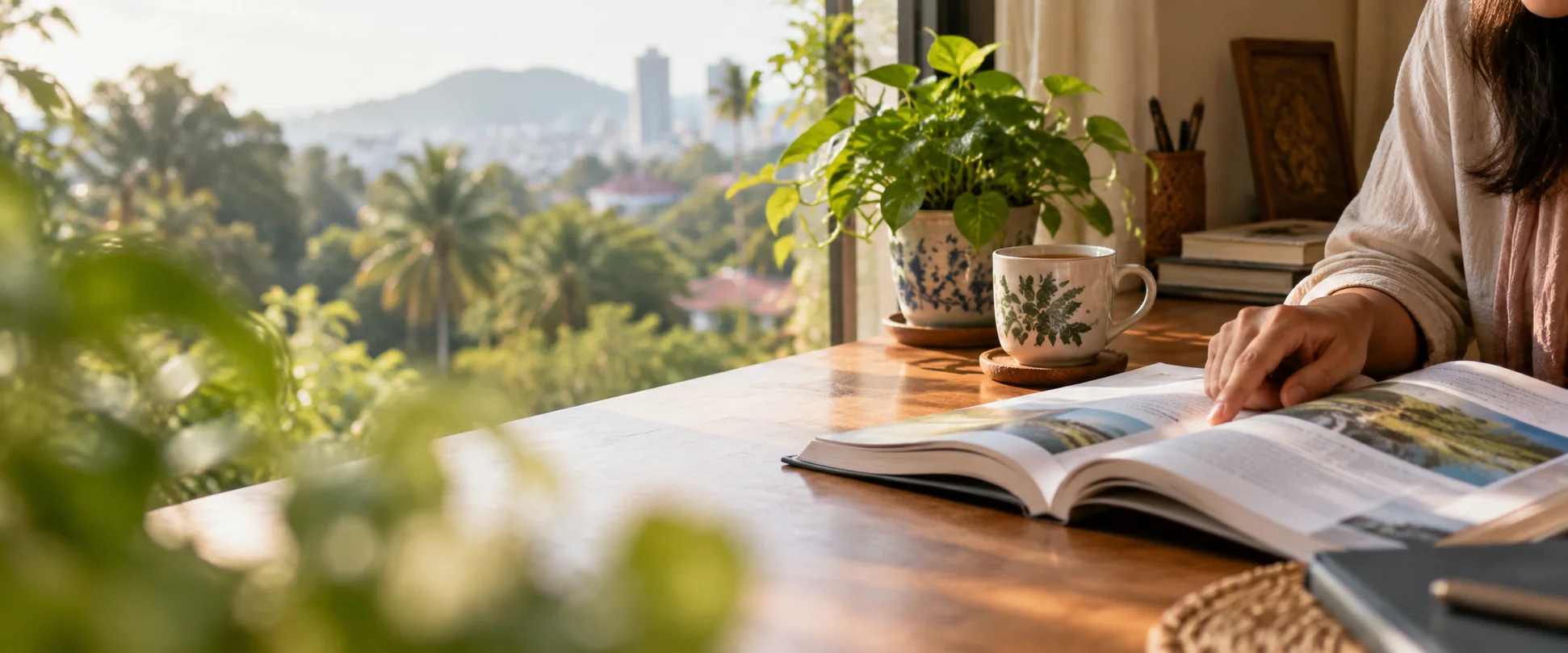 An open guidebook, a cup of tea and a small plant on a sunlit desk