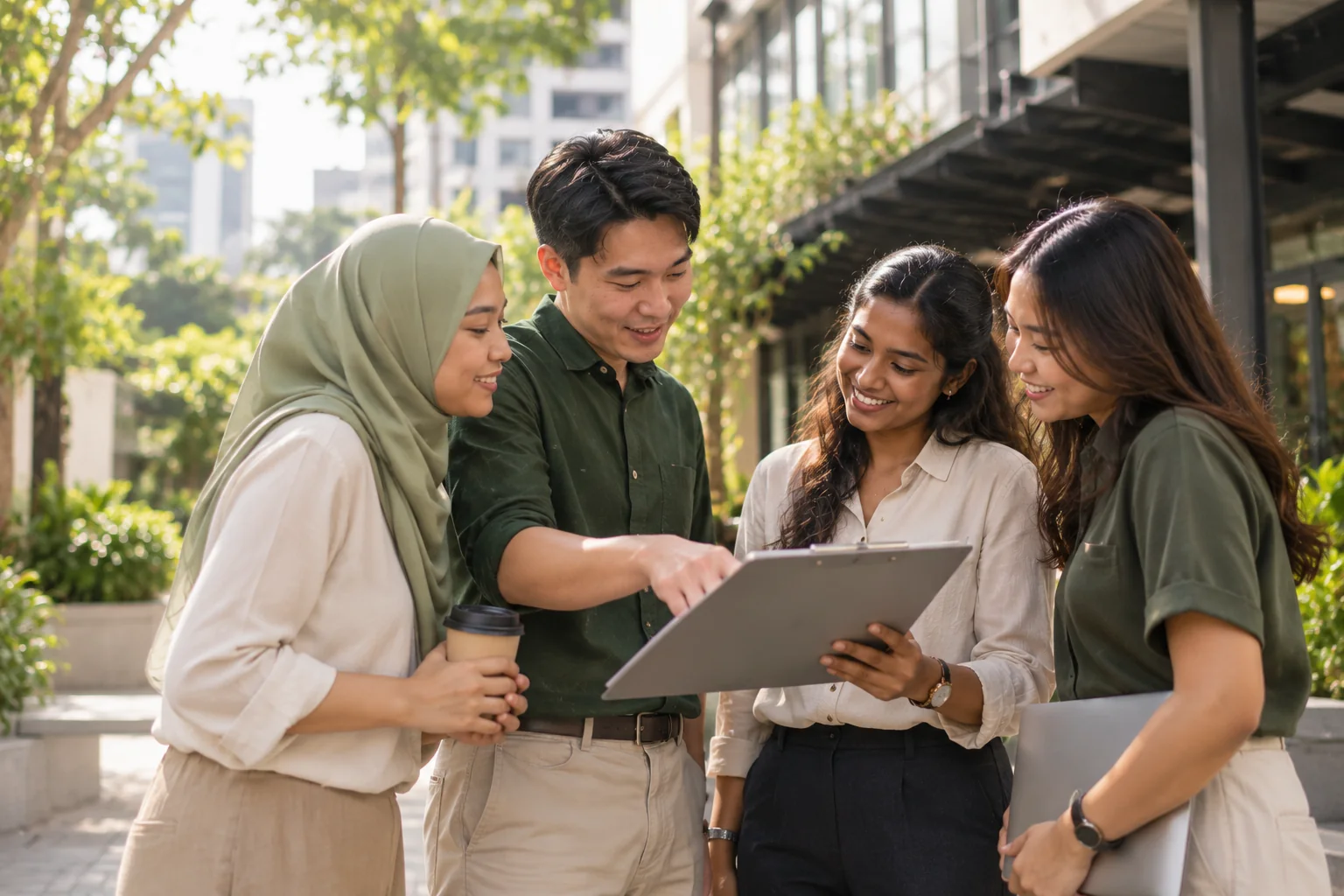 A diverse foundation team reviewing a plan together outdoors