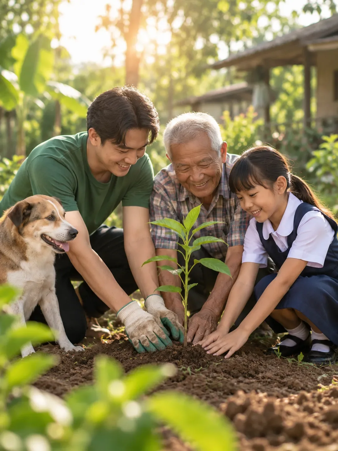 A volunteer, an elderly man and a schoolgirl planting a sapling together, with a dog beside them
