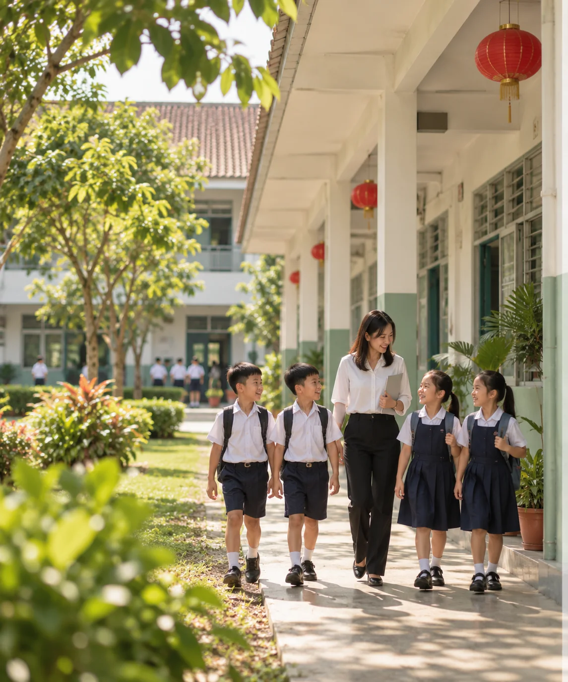 A teacher walking with pupils along a Chinese primary school corridor