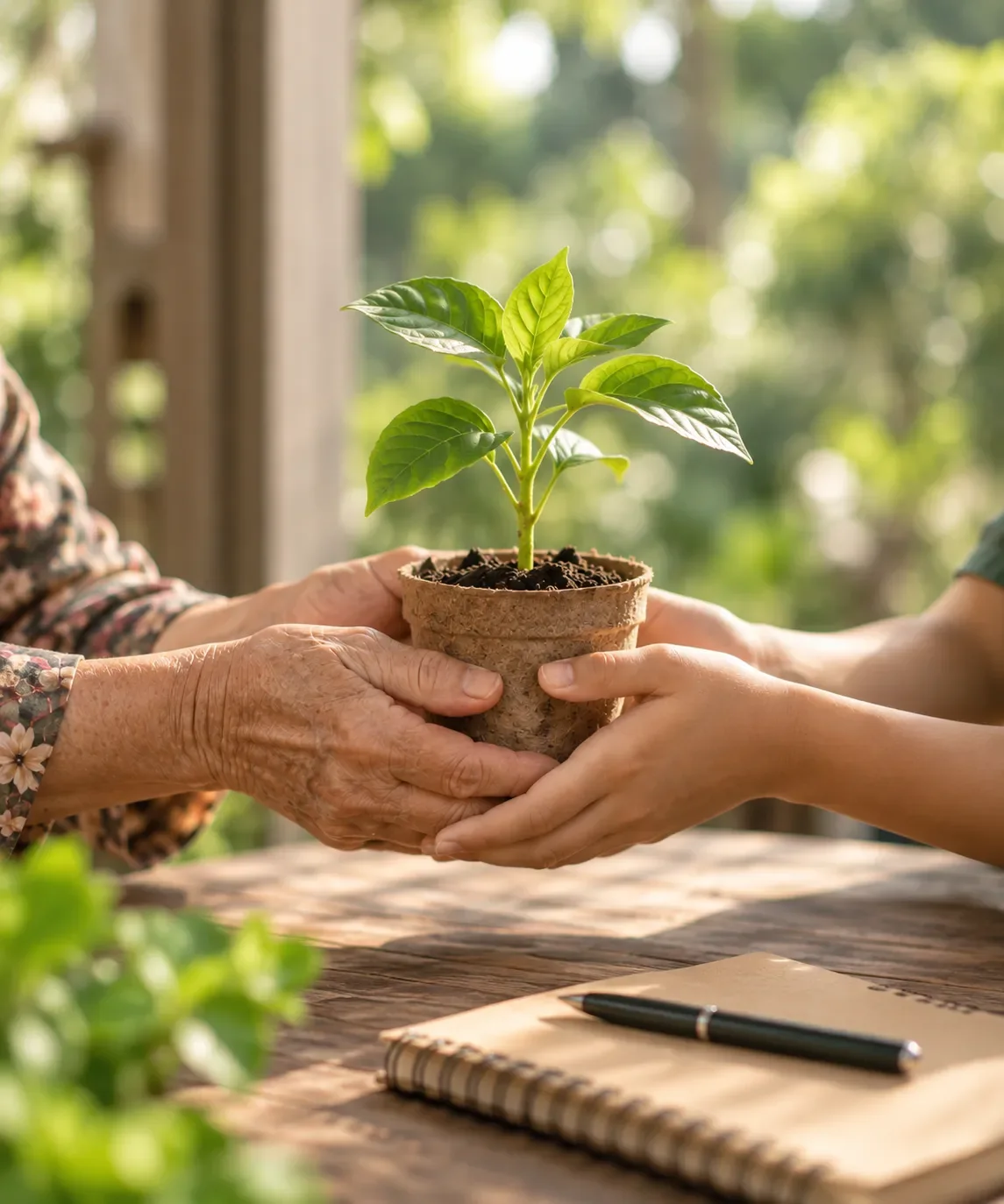 An older and a younger pair of hands passing a potted seedling