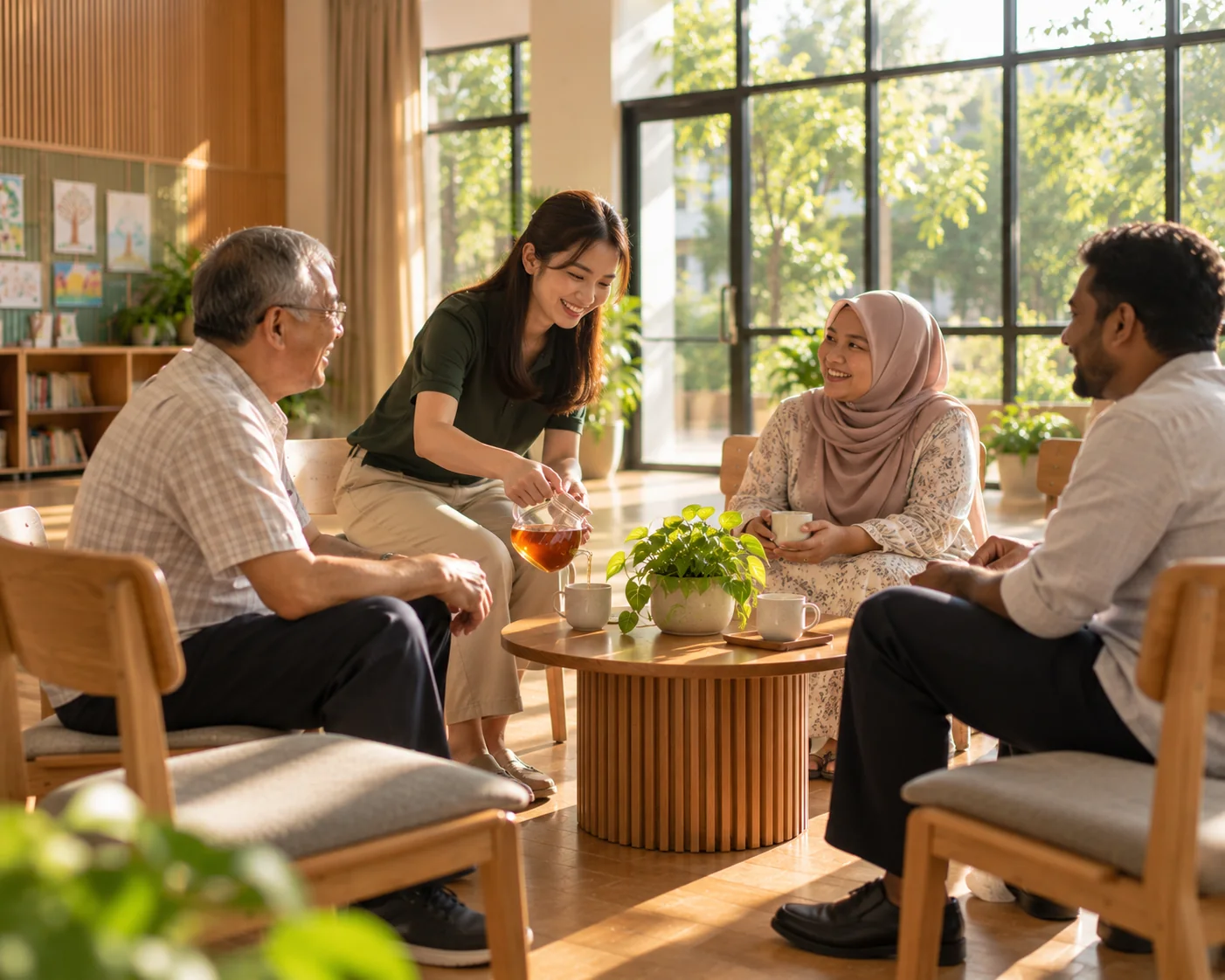 Four people of different ages and backgrounds chatting over tea in a bright community hall