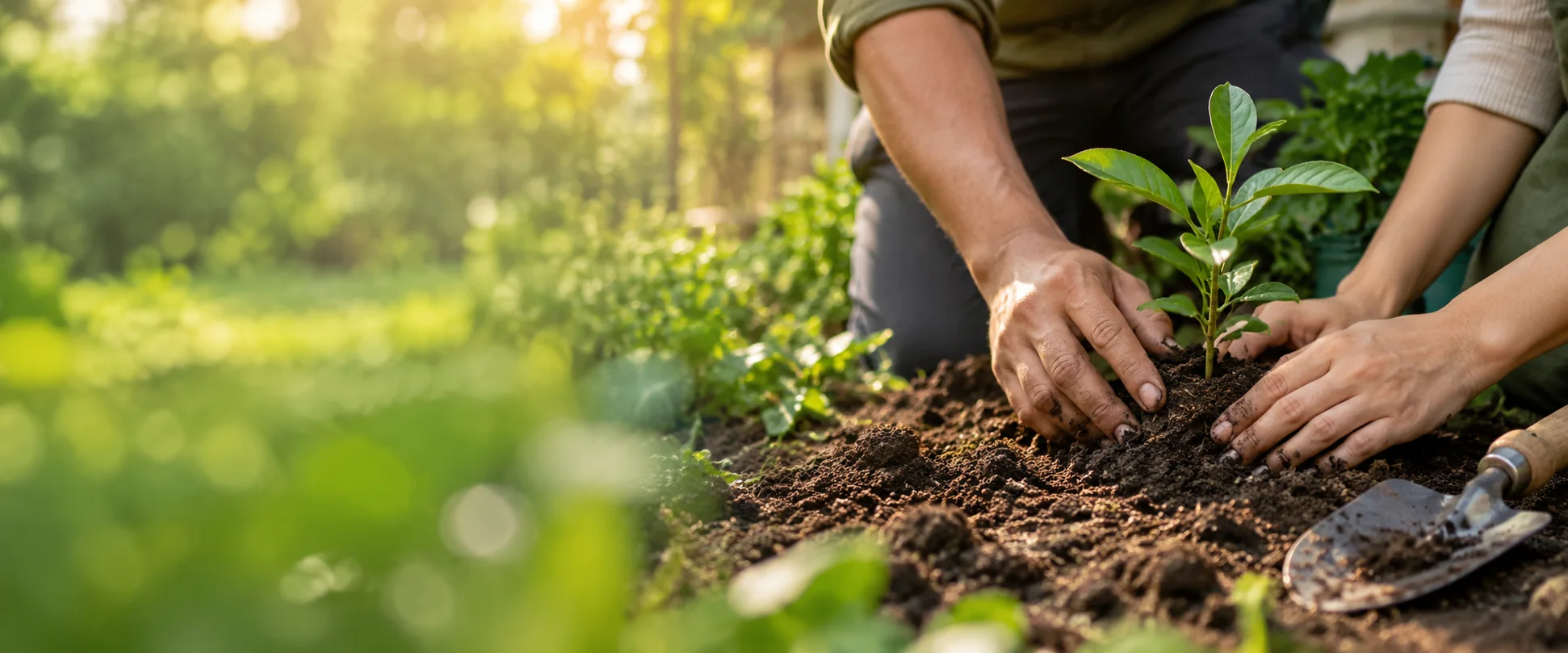 Two pairs of hands planting a seedling together in a sunlit garden