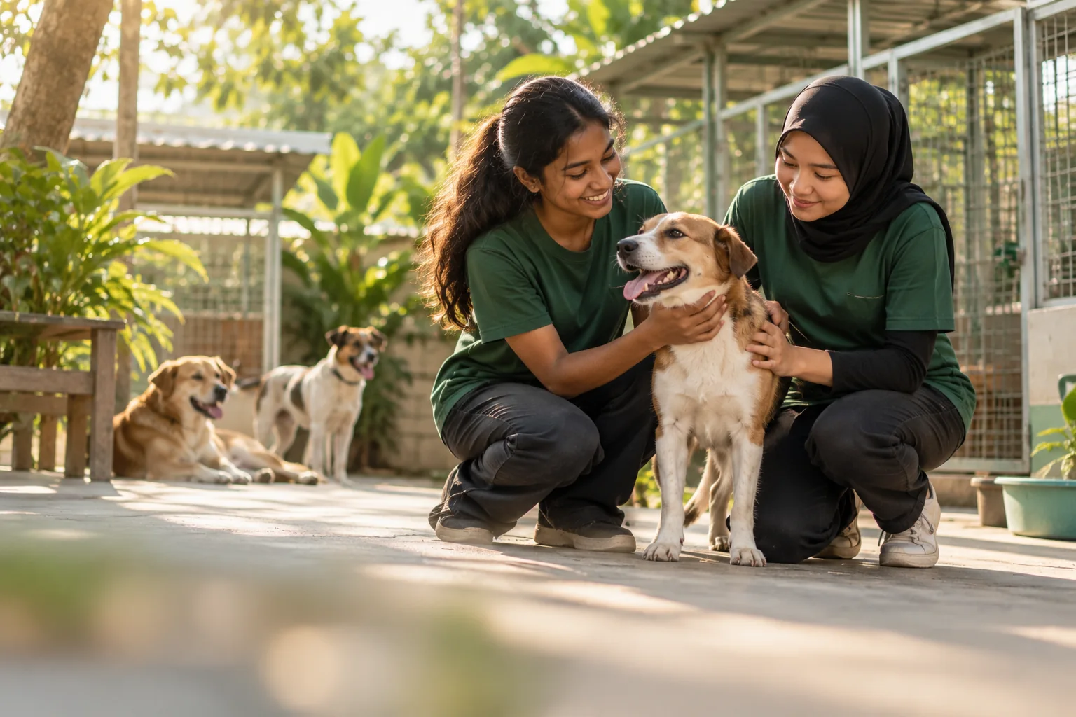 Two volunteers with a rescued dog
