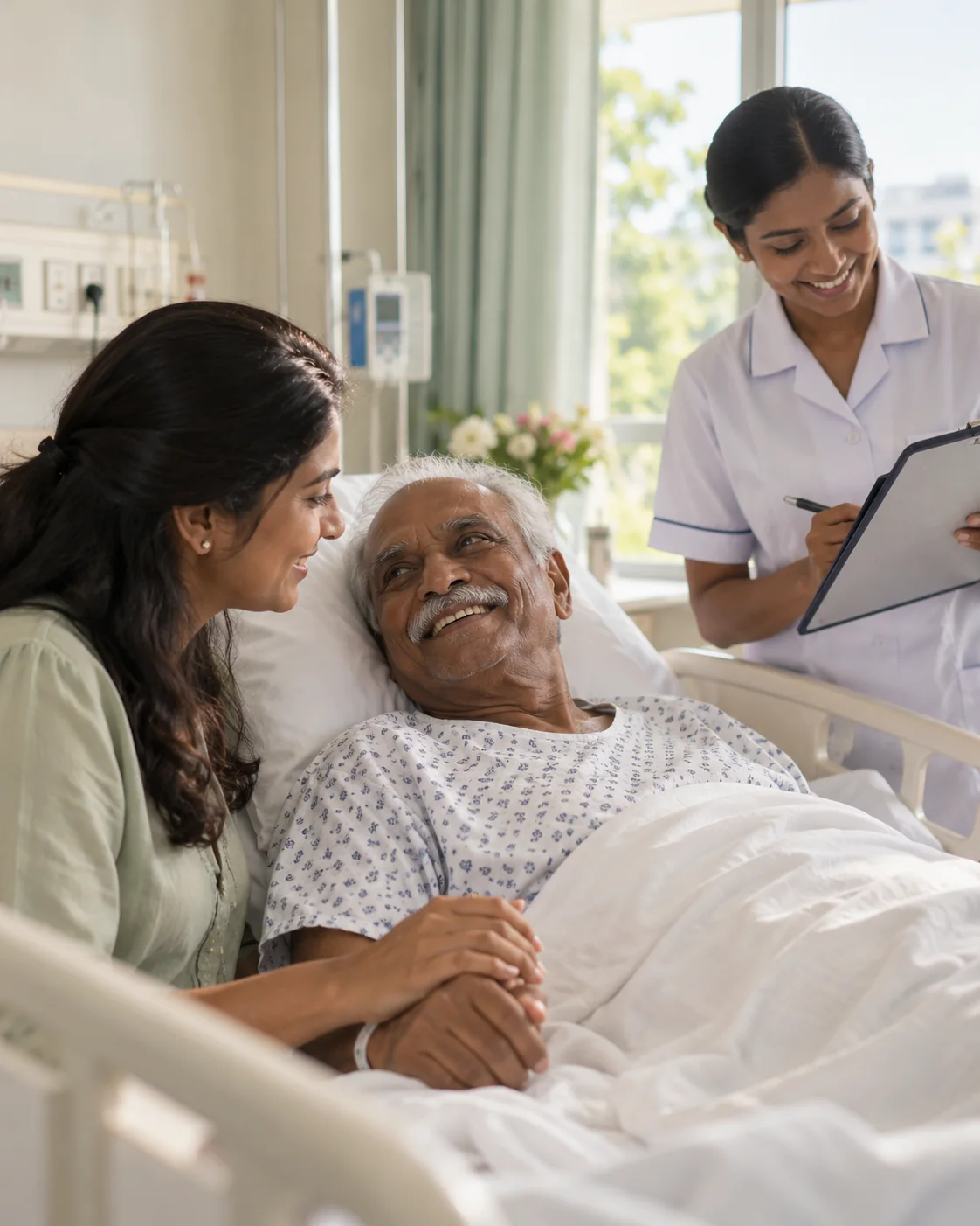 A daughter holding her elderly father's hand in a hospital bed while a nurse checks his chart